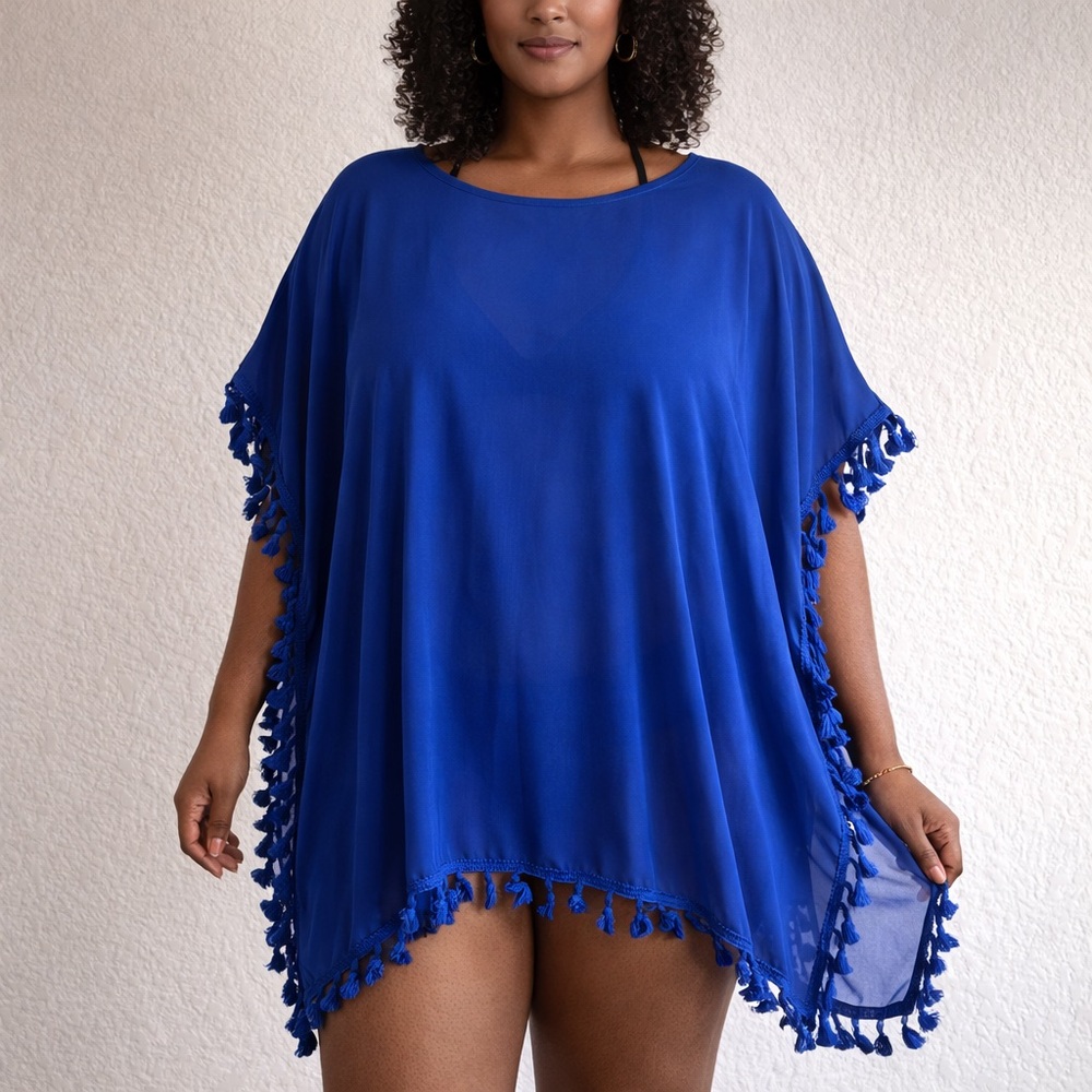 Adreamly Cover Up Women's One Size Blue Tassels Chiffon Swimwear Beach Kaftan